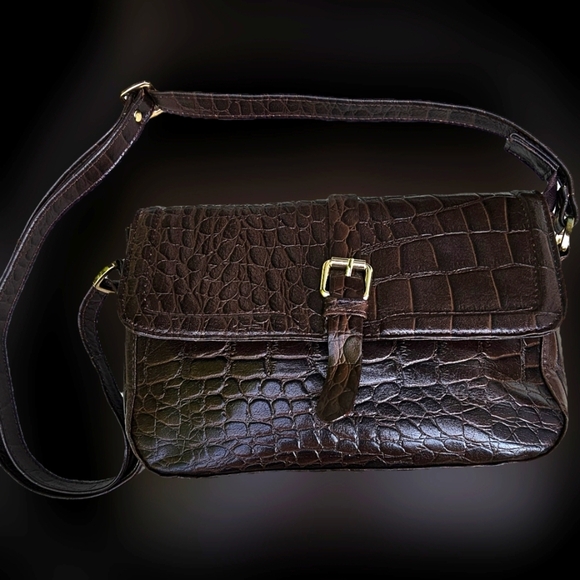 Ashwood brown crocodile print Crossbody Bag Snap Flap Shut with Gold - Picture 1 of 9